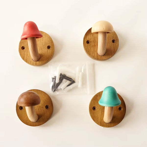 Wooden Mushroom Wall Hooks, Set of 4 – Colorful Coat & Towel Hooks