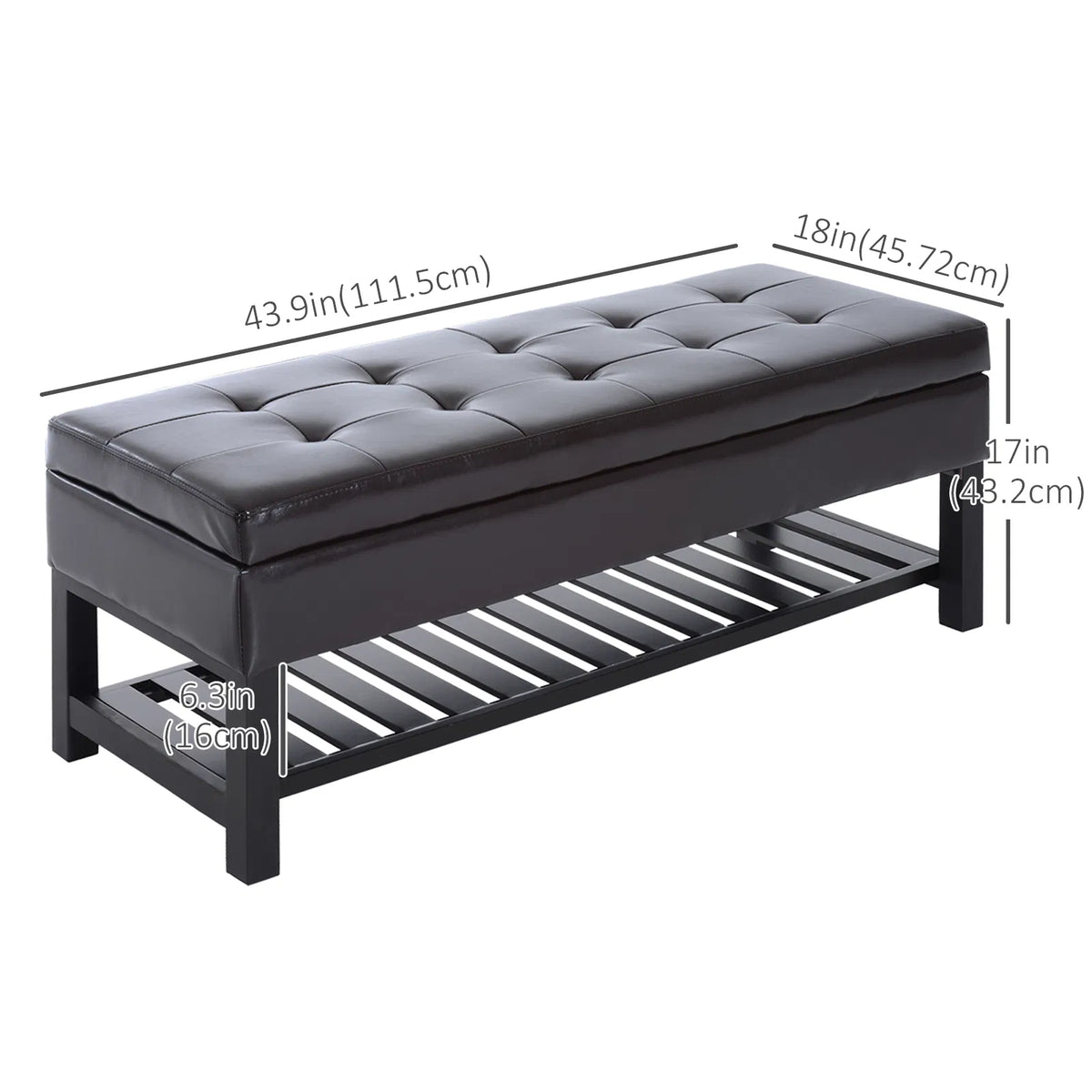 Tufted Storage Ottoman Shoe Bench 44 in, Faux Leather, Brown – image 3