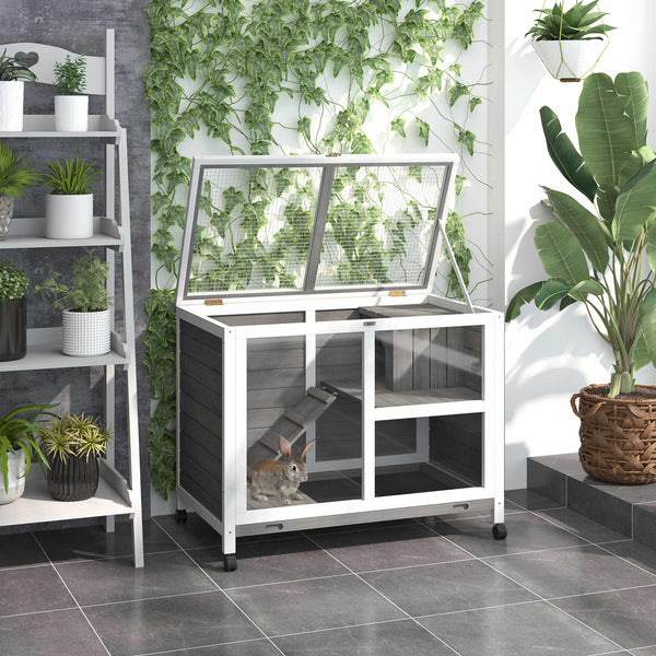Indoor Rabbit Hutch on Wheels, Desk-Size Wooden Bunny Cage, Gray