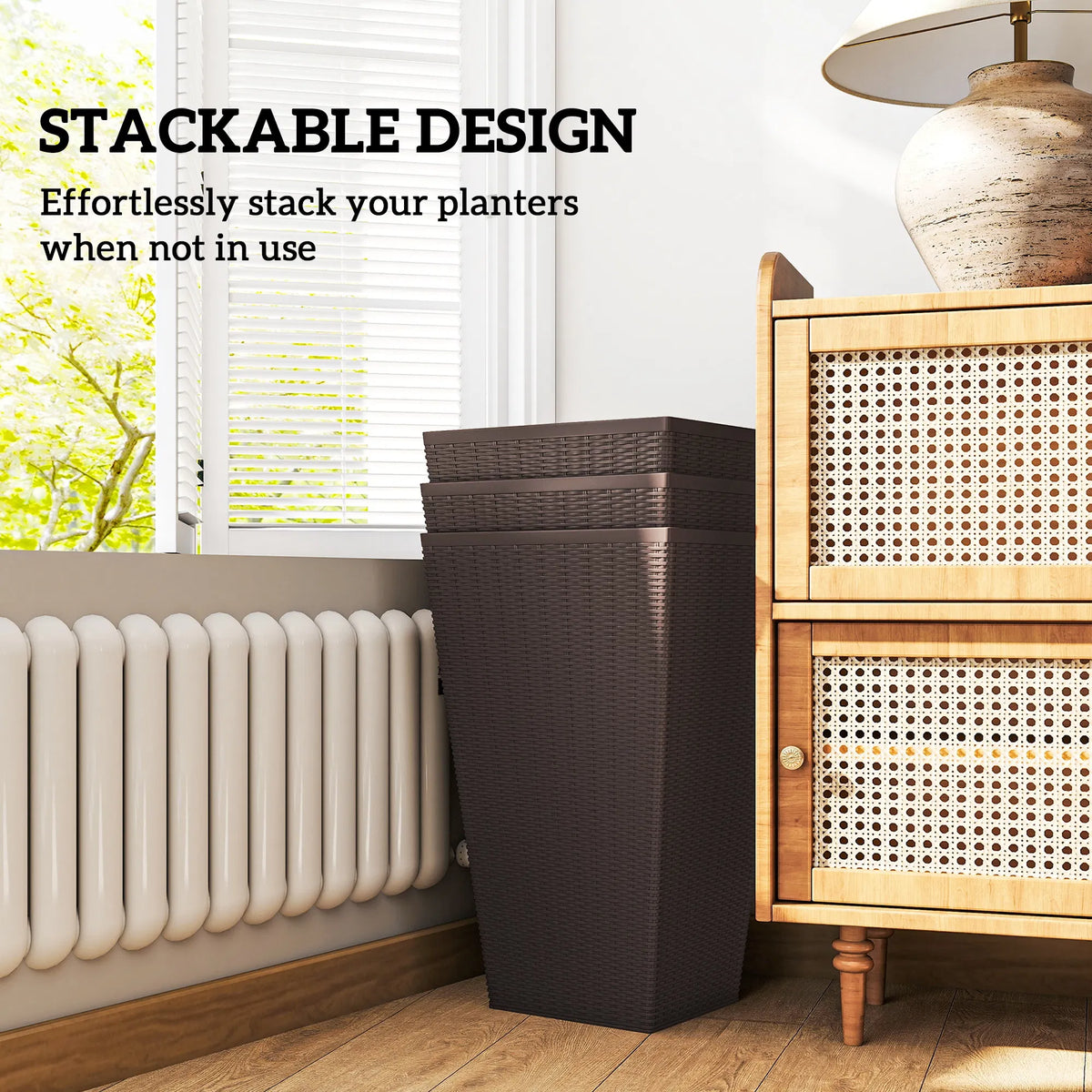 Tall Outdoor Planters Set of 3, 24 in Rattan-Look Self-Draining Pots – image 7