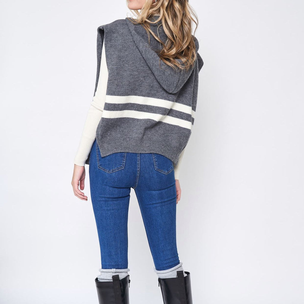 Hooded Sweater Scarf, Striped Knit Hoodie Wrap, Gray – image 14