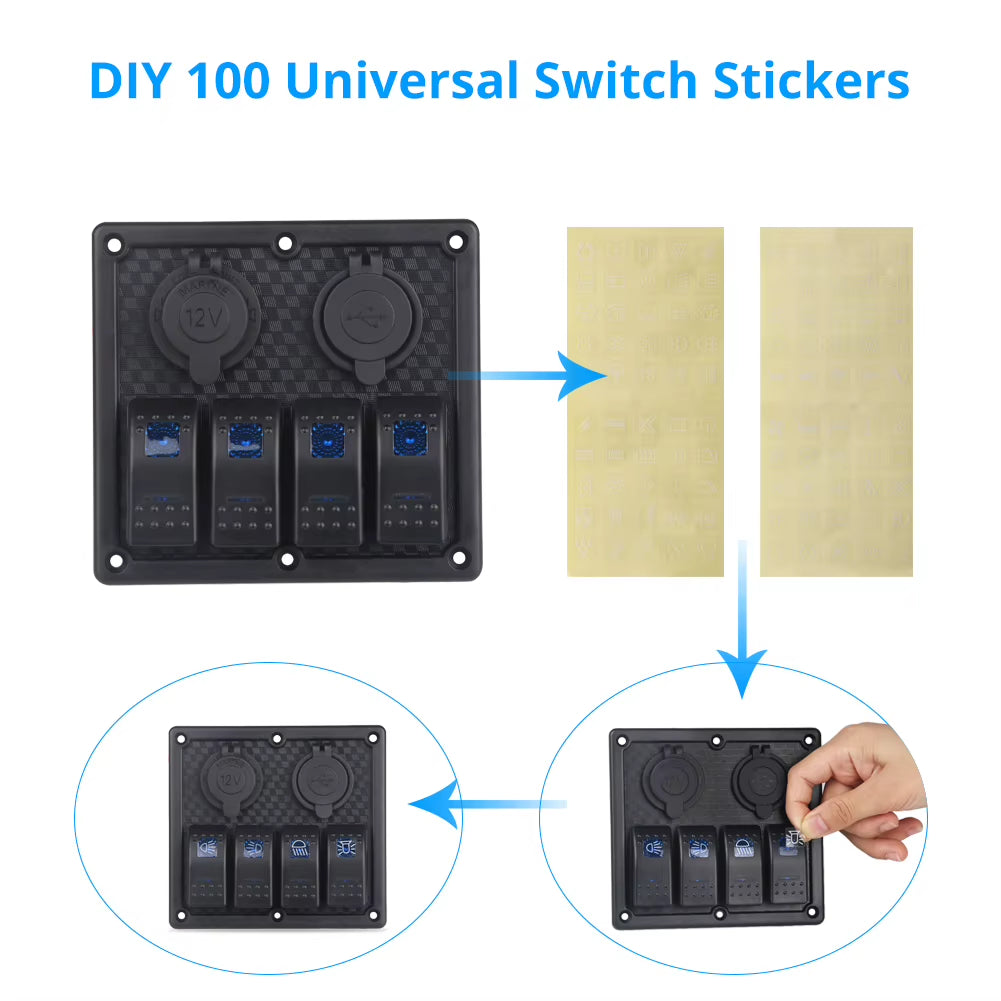 4 Gang Rocker Switch Panel with Dual USB, 12V Waterproof Marine Panel – image 4