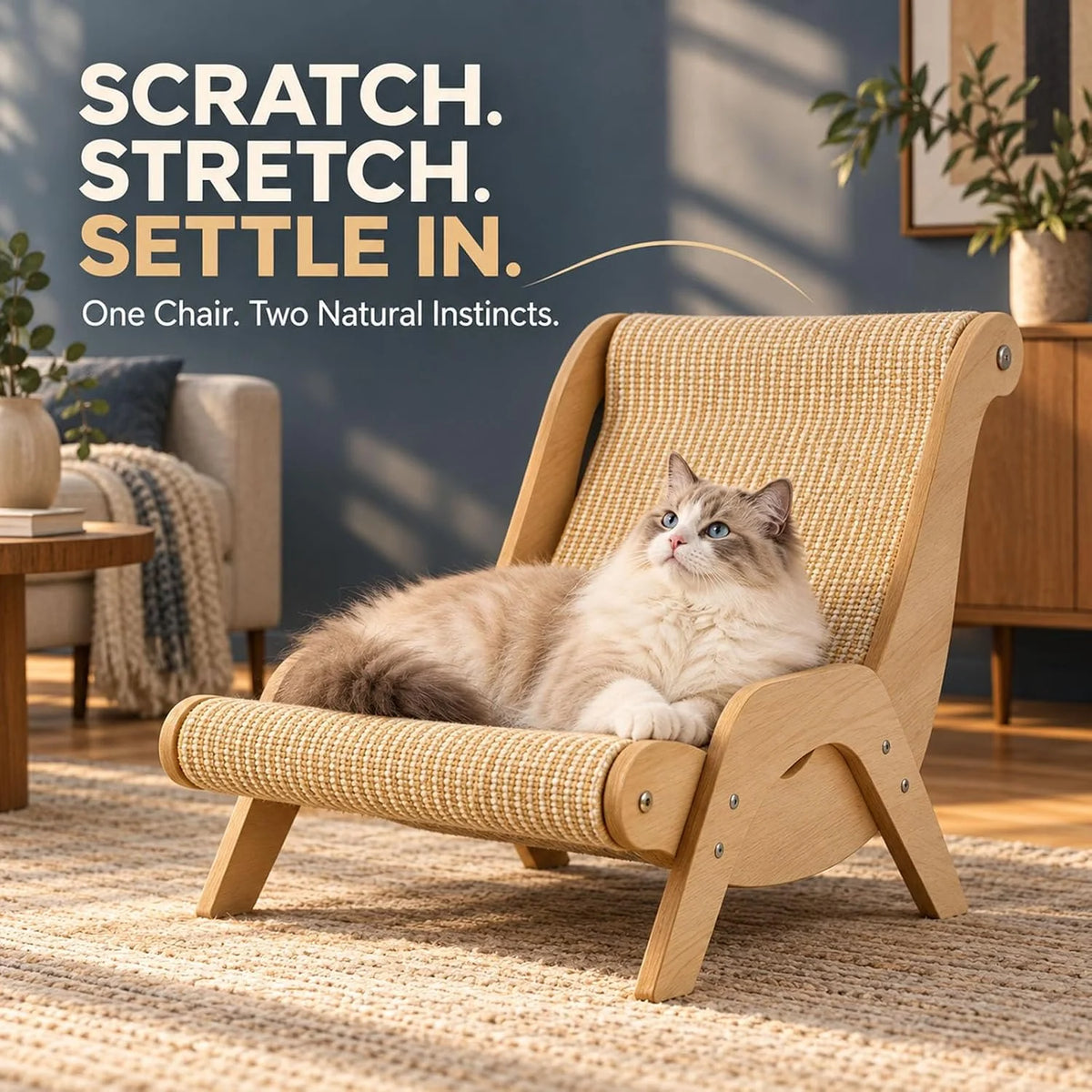 Cat Scratch Lounger Chair Bed with Sisal Scratching Board, Wood – image 5
