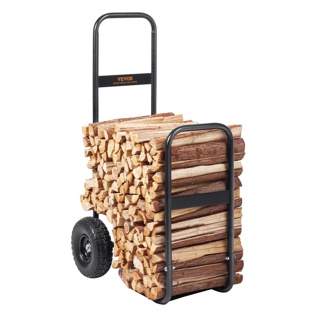 Firewood Log Cart, 250 Lbs Capacity, Outdoor and Indoor Wood Rack Storage Mover with PU Wheels Waterproof Cloth, Heavy Duty Steel Dolly Hauler, Firewood Carrier for Fireplace, Fire Pit, Black