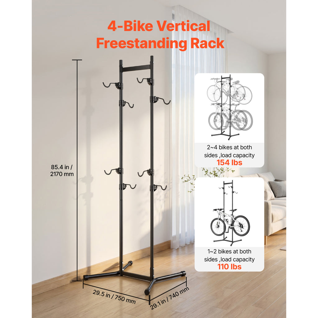 Freestanding Vertical Bike Storage Rack for 4 Bikes, Adjustable Hooks, Black – image 2