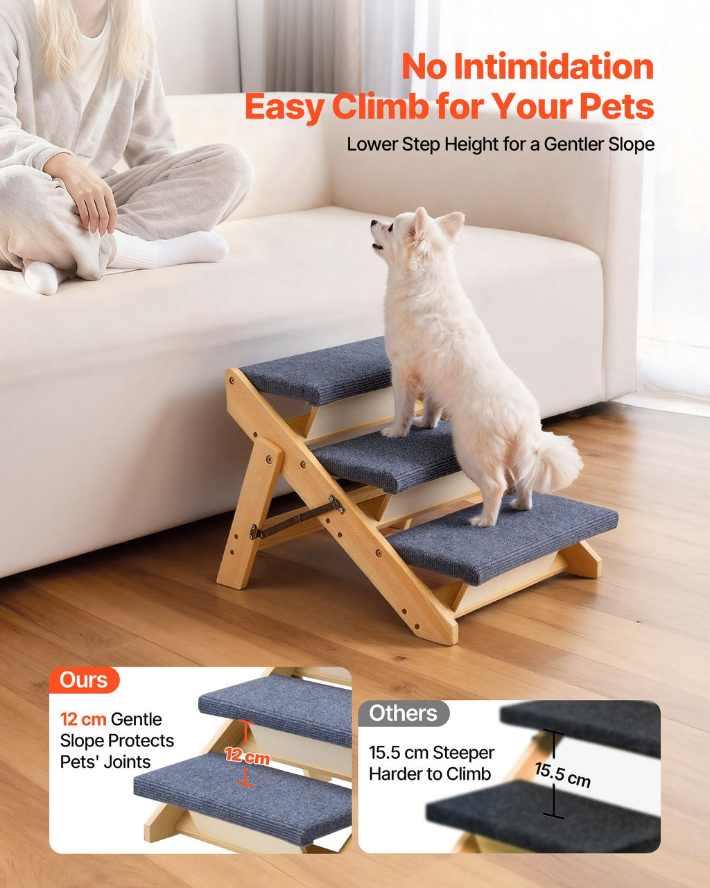 Foldable 3-Step Wooden Dog Stairs for Beds & Sofas, 150 lb – image 2