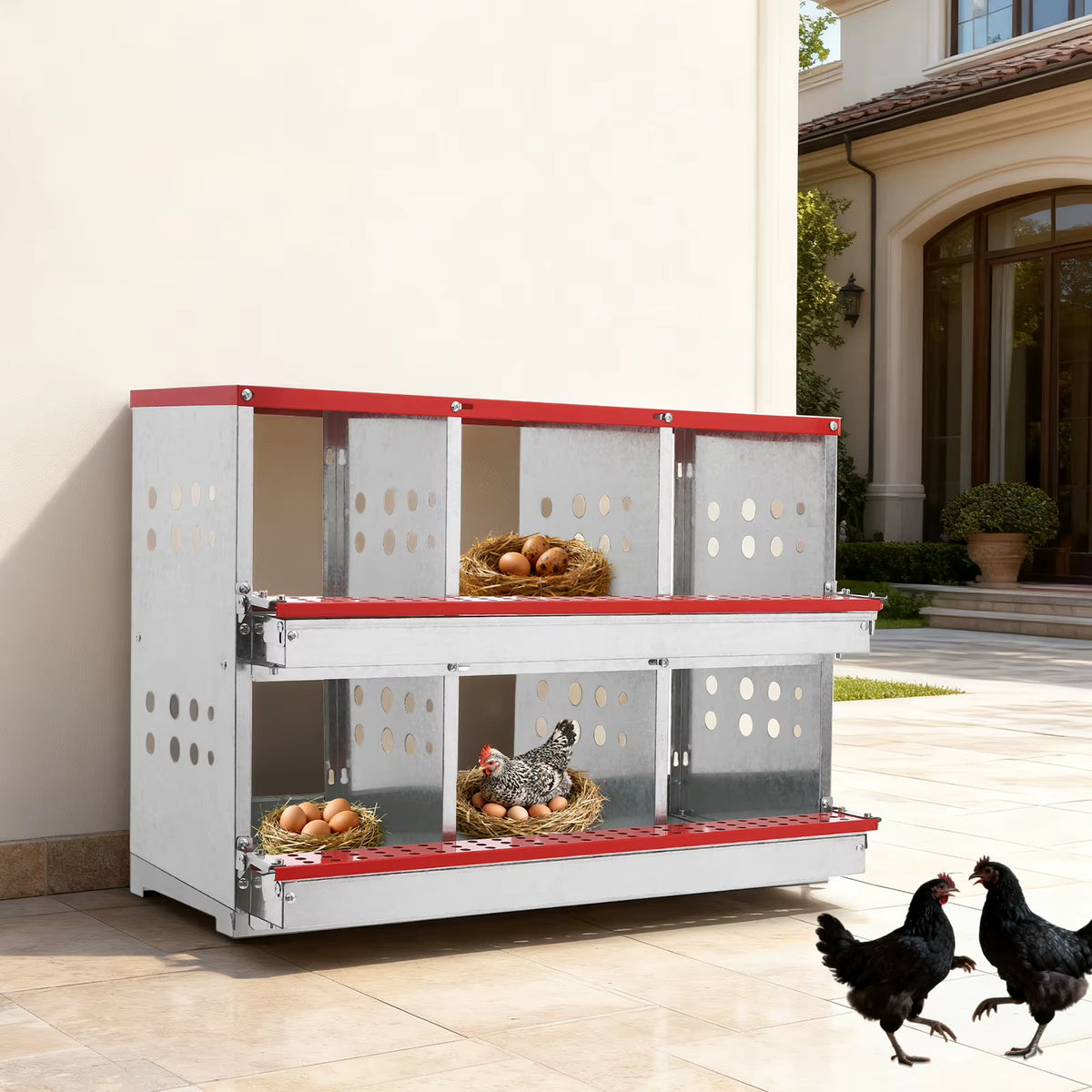 6 Hole Freestanding Galvanized Chicken Nesting Box with Perch Bar