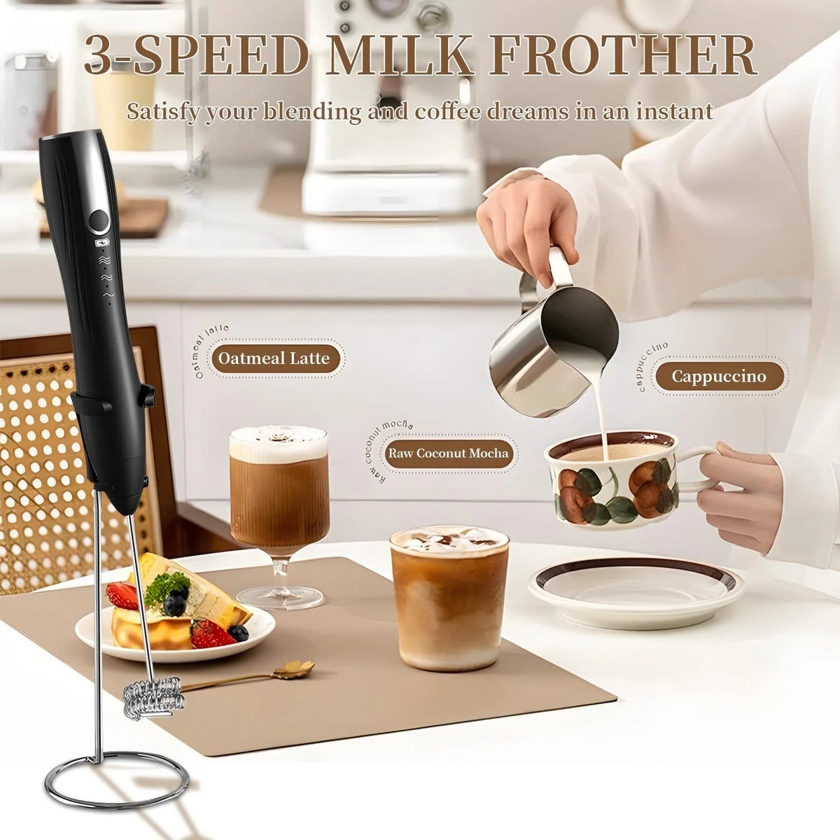 Milk Frother Handheld, Rechargeable Electric Whisk with Stand – image 2