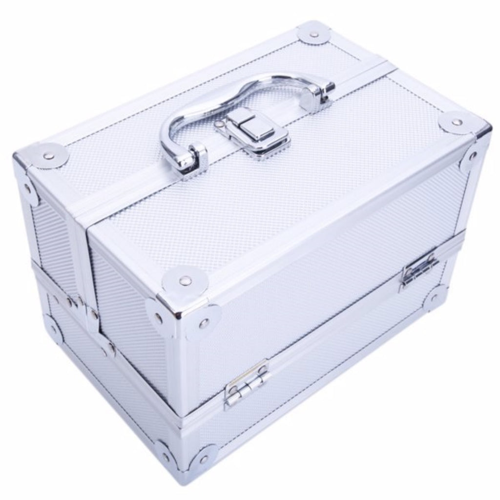 Aluminum Makeup Train Case with Mirror and Fold-Out Trays, Silver – image 3