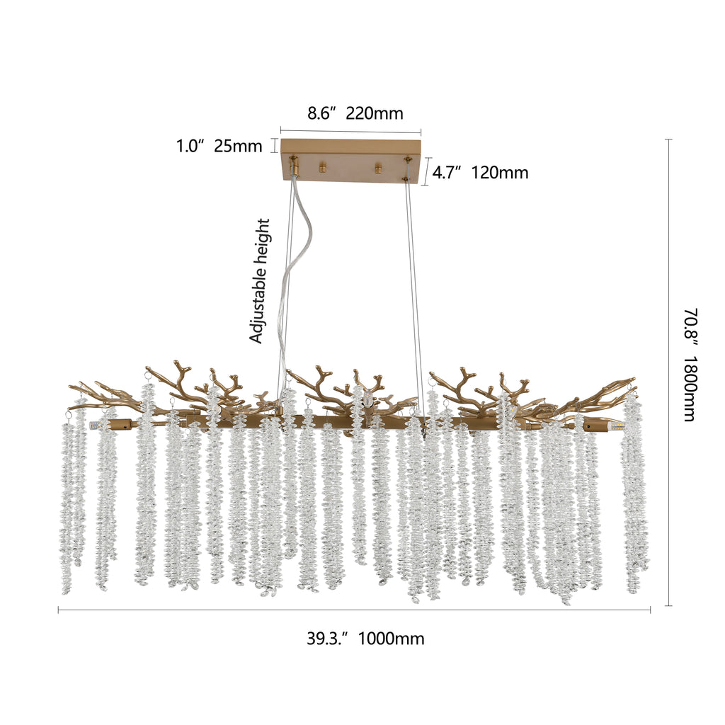 39 Inch Gold Crystal Chandelier with Cascading Strands, 8-Light