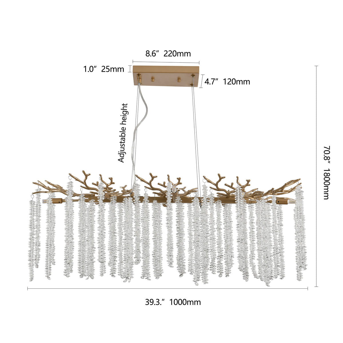 39 Inch Gold Crystal Chandelier with Cascading Strands, 8-Light