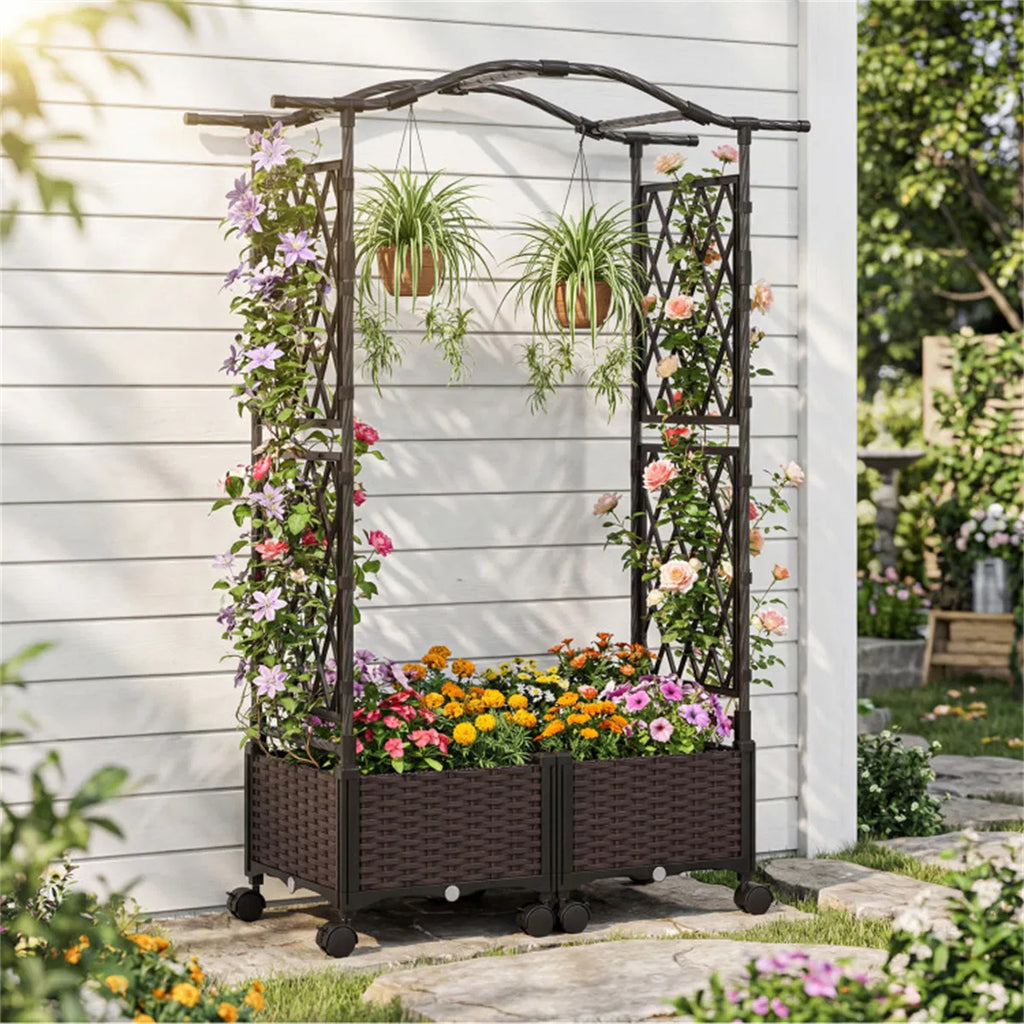 Raised Garden Bed, Self-Watering Vertical with Trellis and Wheels – image 4