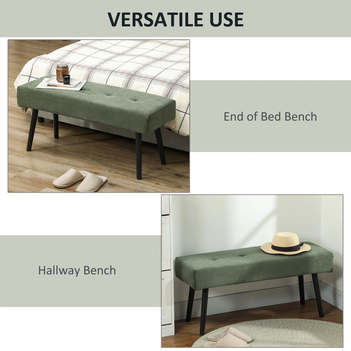 Corduroy Upholstered Bench 39 in with Steel Legs, Green – image 6