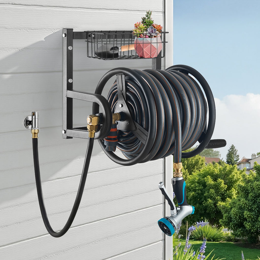 Wall Mounted Garden Hose Reel 125 ft with Brass Fitting and Basket – image 10