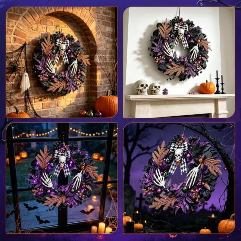 Halloween Skull Wreath 20 in, Gothic Purple and Black Door Decor – image 3
