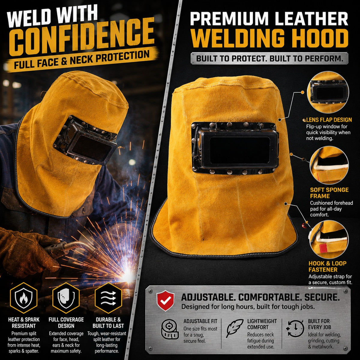 Leather Welding Hood with Lens, Sweat-Absorbent Welder Cap