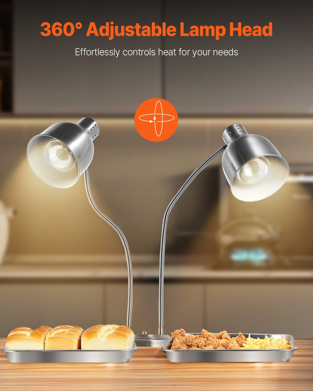 Commercial Food Heat Lamp, 2-Head Stainless Steel Buffet Warmer Lamp – image 4