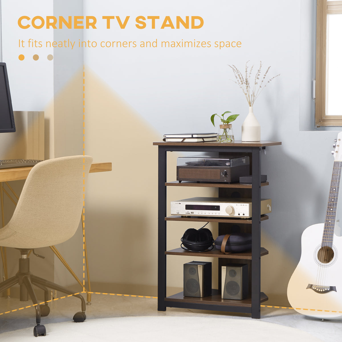 4-Tier Corner AV Media Rack with Cable Management, Chestnut Brown – image 4