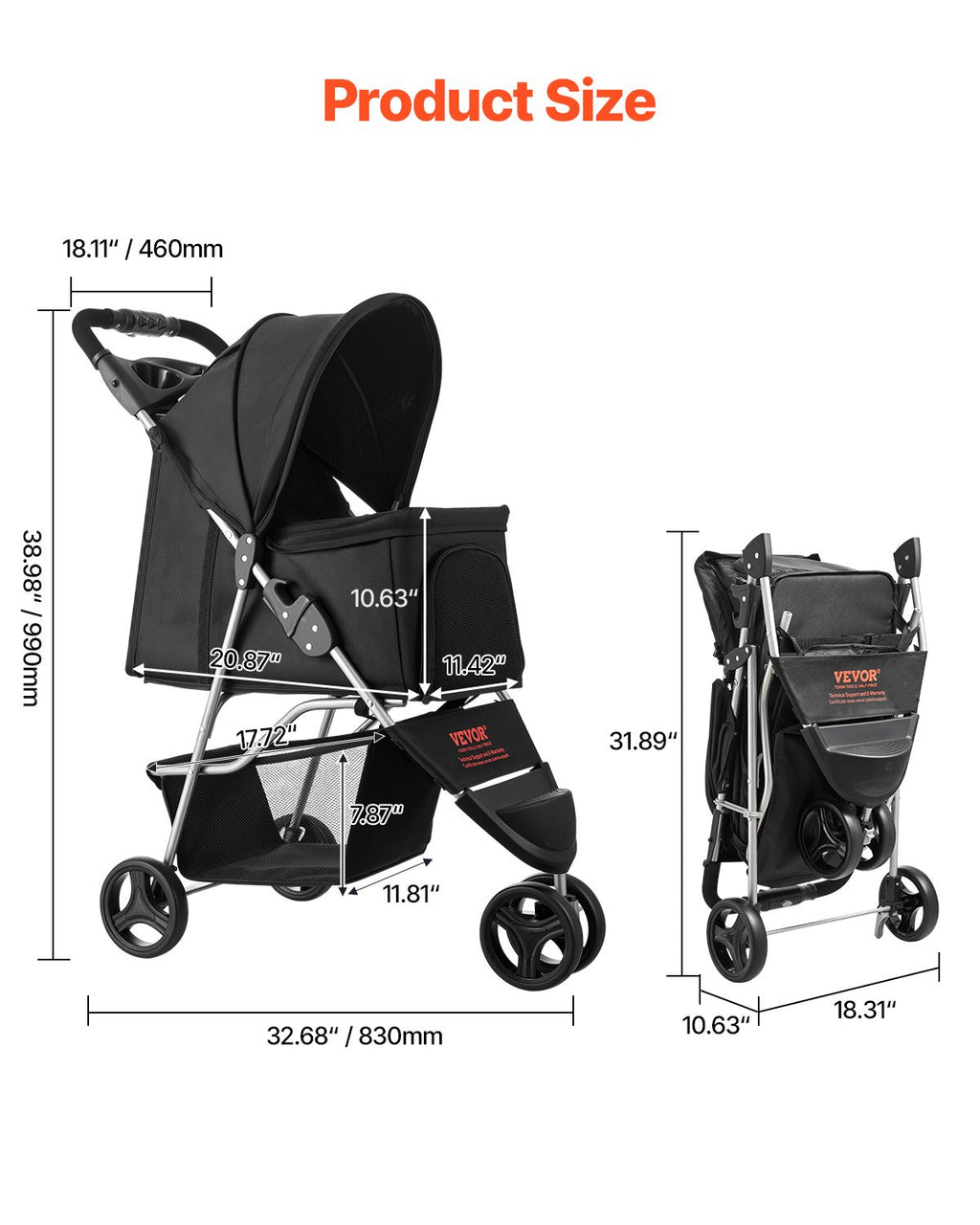 3 Wheel Foldable Pet Stroller for Small Dogs up to 35 Lb