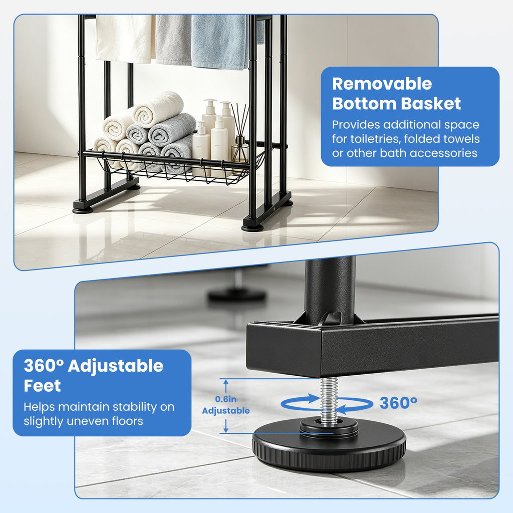 3-Tier Freestanding Towel Rack with Storage Basket, Black – image 6