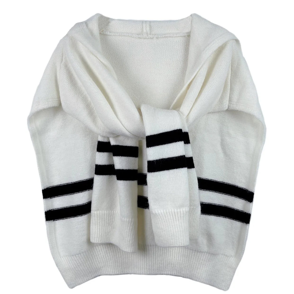 Hooded Sweater Scarf, Striped Knit Hoodie Wrap, Gray – image 12