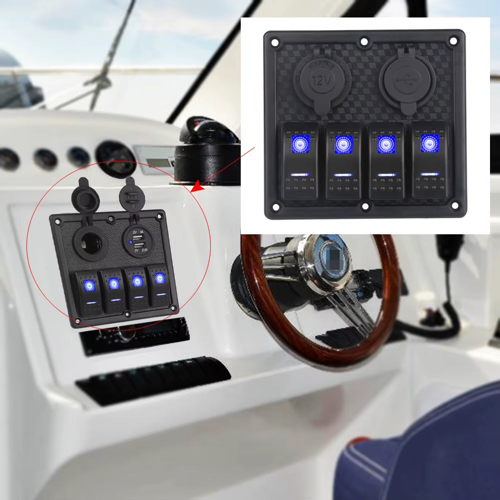 4 Gang Rocker Switch Panel with Dual USB, 12V Waterproof Marine Panel – image 5