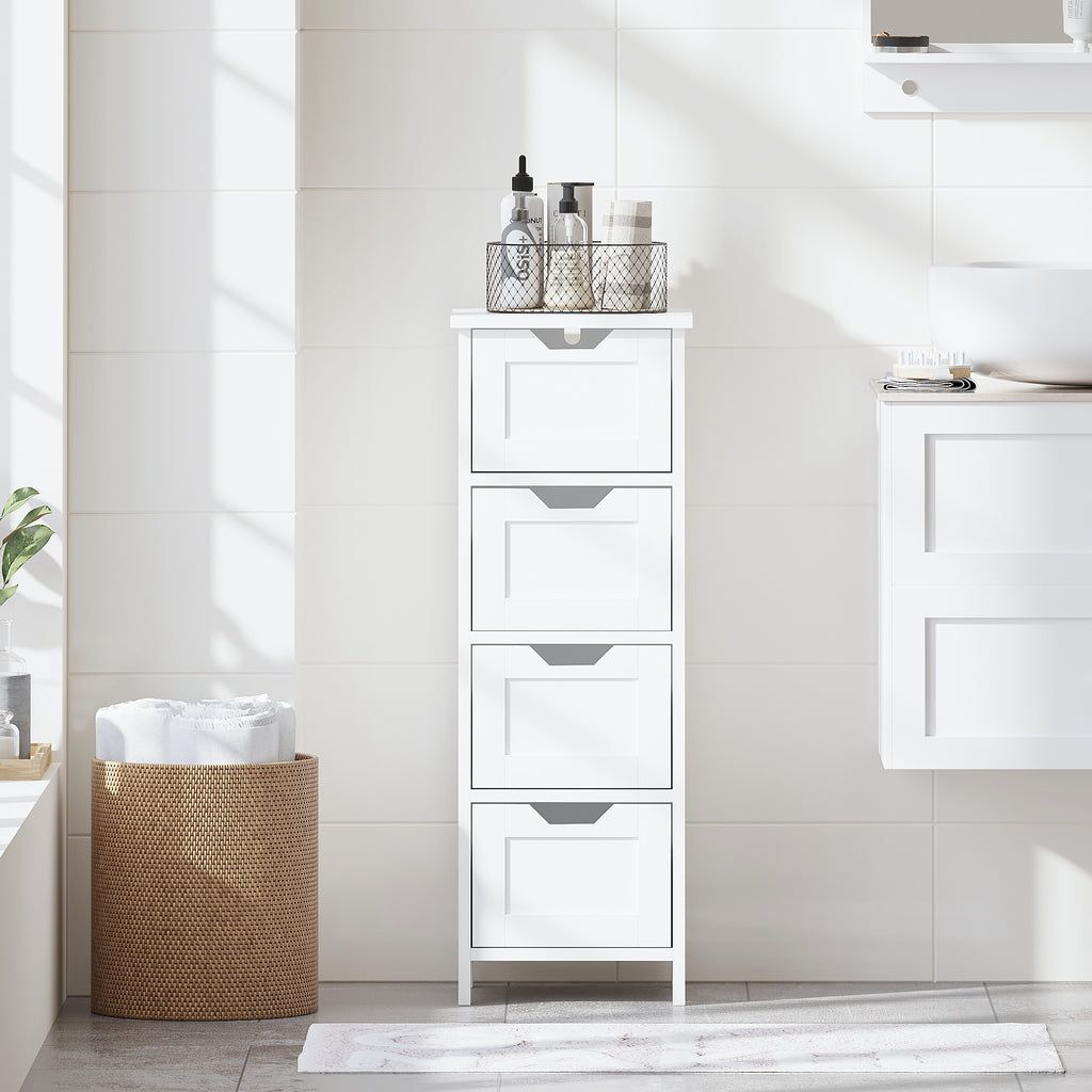 Bathroom Floor Cabinet with 4 Drawers, Narrow Freestanding, White