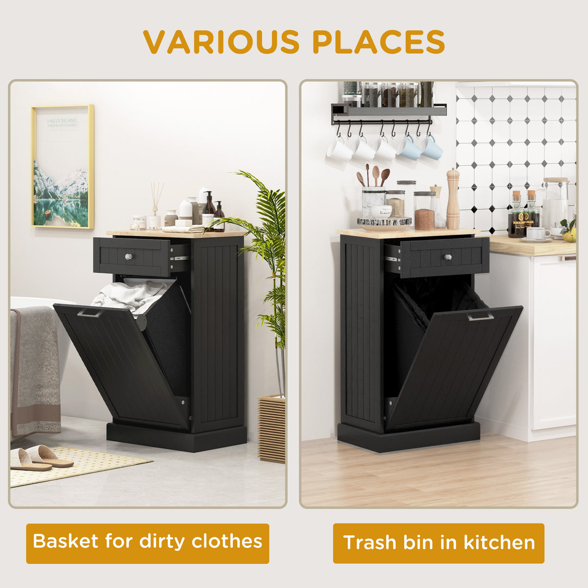 Tilt Out Trash Cabinet, 10 Gallon Hidden Trash Can with Drawer, Black – image 6