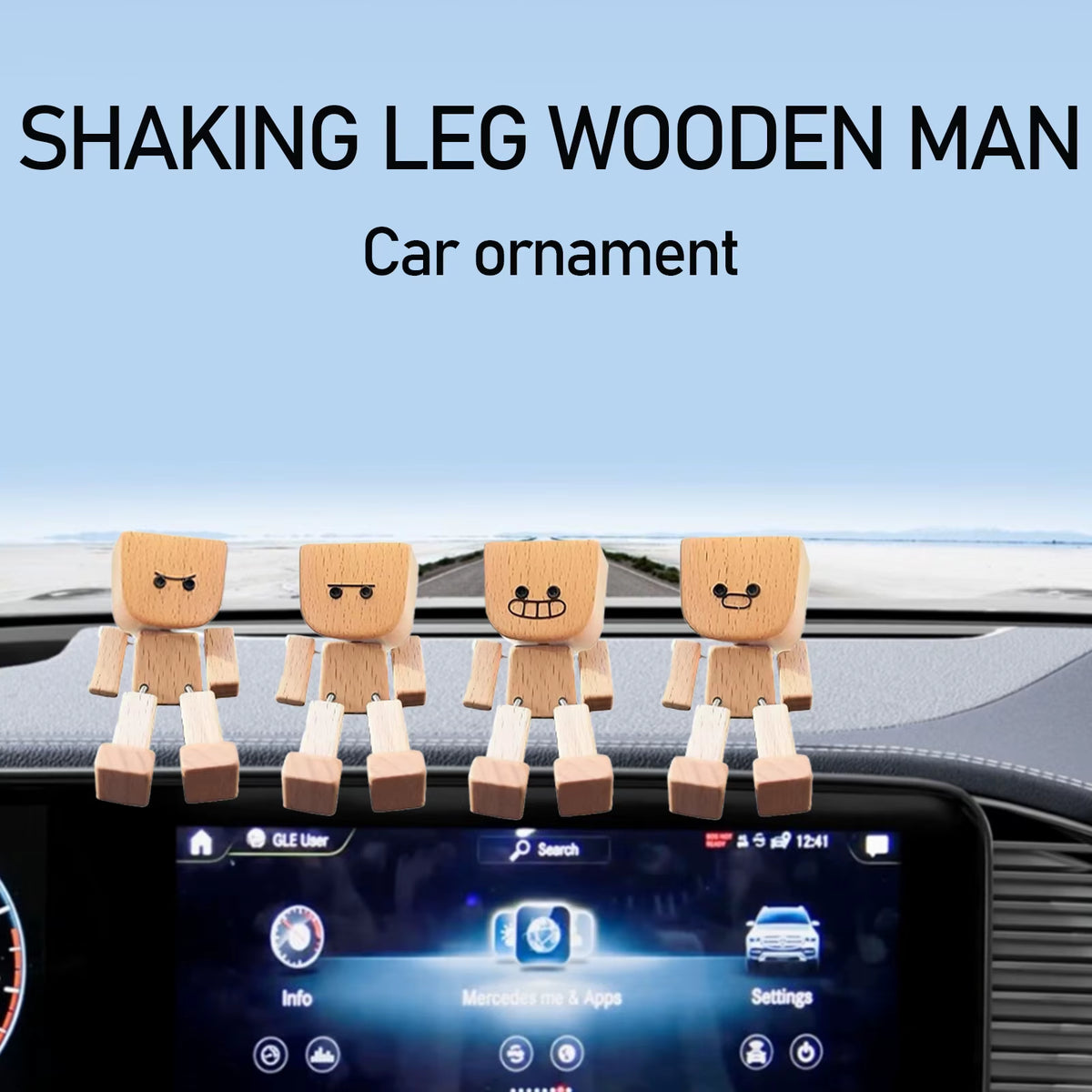 Car Dashboard Wiggle Wooden Man Figurine - Handmade Ornament with 12 Magnetic Faces