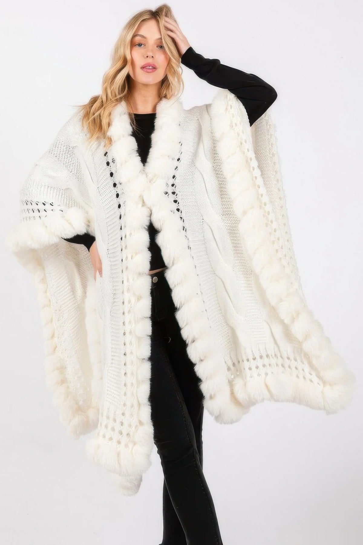 Faux Fur Collar Cape with Front Closure – Burgundy Winter Wrap – image 3