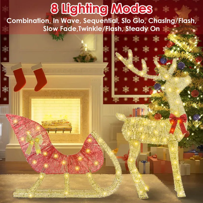 Lighted Reindeer and Sleigh Christmas Yard Decoration, 8 Modes – image 3