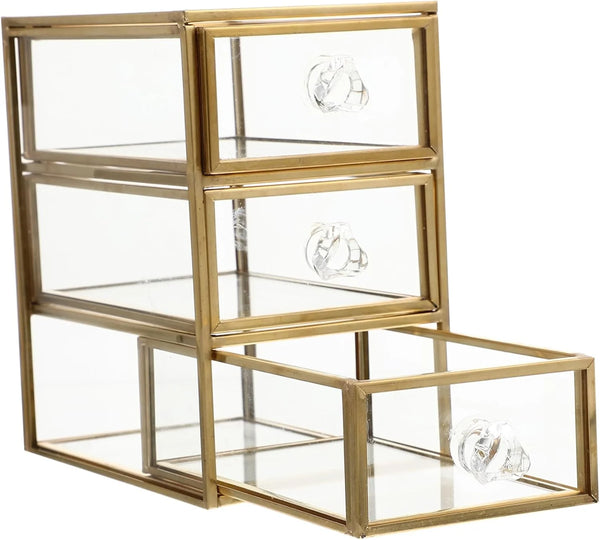 3-Tier Jewelry Box with Drawer, Golden Glass Display Organizer