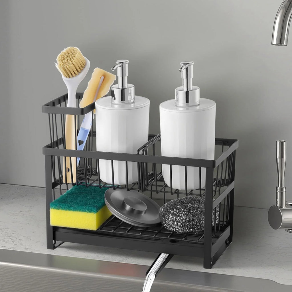 Kitchen Sink Caddy Organizer, Black Sponge and Brush Holder