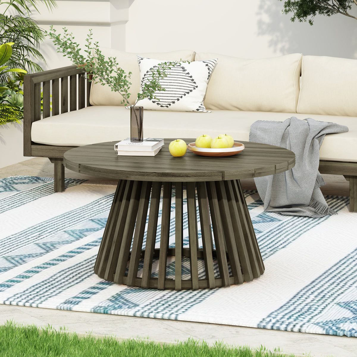 Outdoor Acacia Wood Round Coffee Table, 31.5 in, Grey Finish – image 4