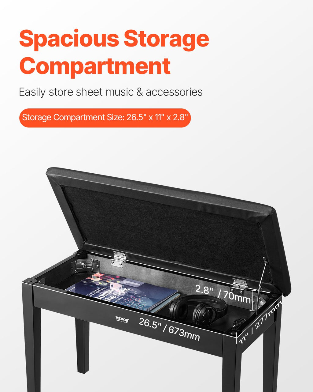 Duet Keyboard Bench with Music Book Storage, Padded Seat, Black – image 3