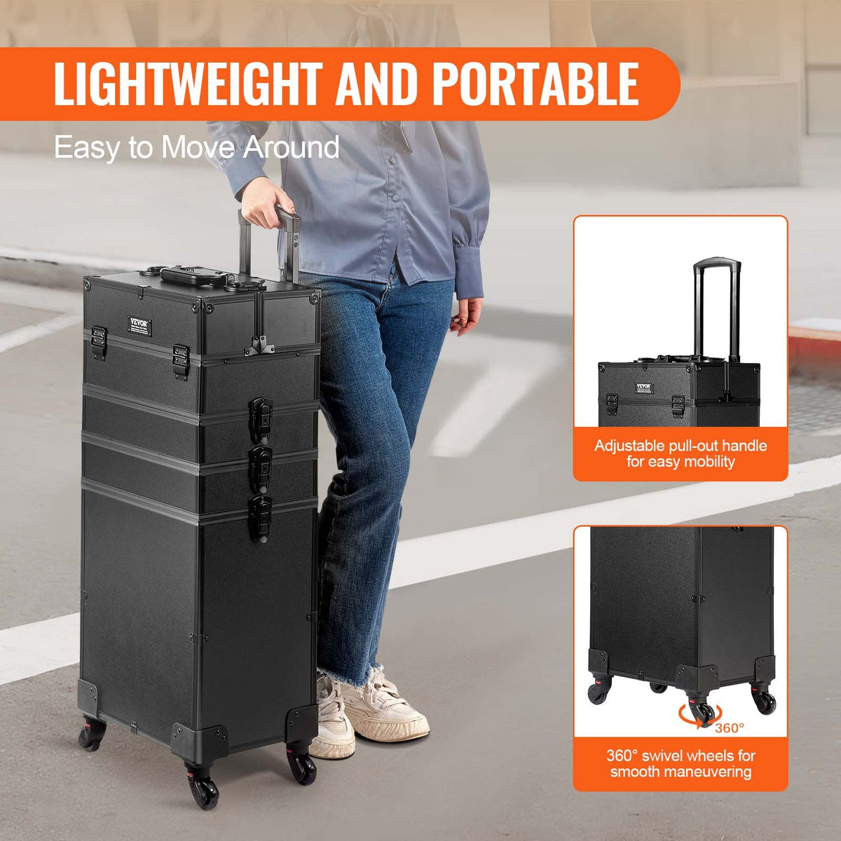 Rolling Makeup Case – 5-in-1 Aluminum Trolley Train Case, Black – image 5
