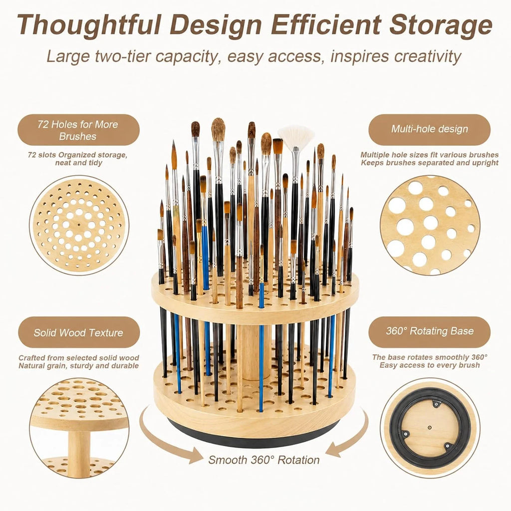 Rotating Pen Holder, 72-Hole Wooden Desk Organizer – image 2