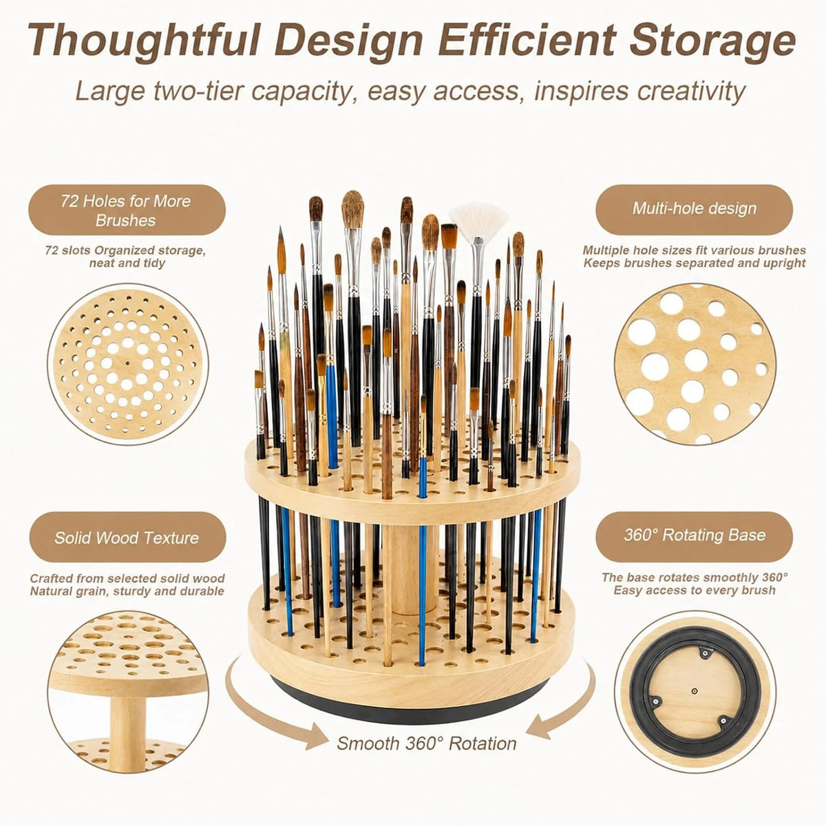 Rotating Pen Holder, 72-Hole Wooden Desk Organizer – image 2