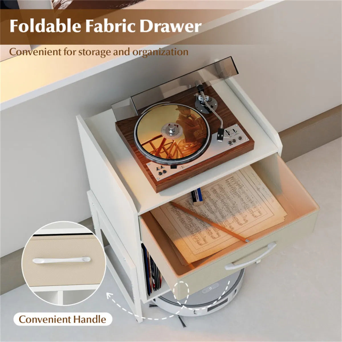 Record Player Stand with Vinyl Storage and Fabric Drawer – White