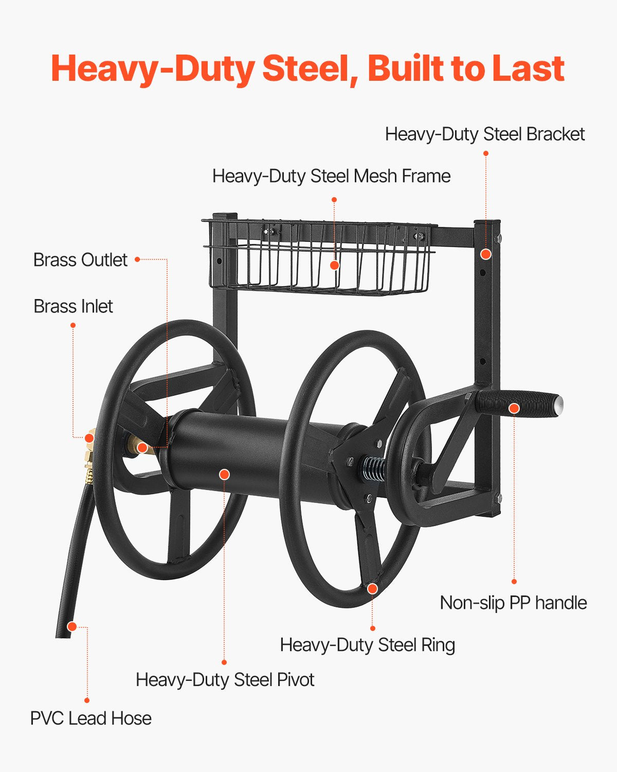 Wall Mounted Garden Hose Reel 125 ft with Brass Fitting and Basket – image 3