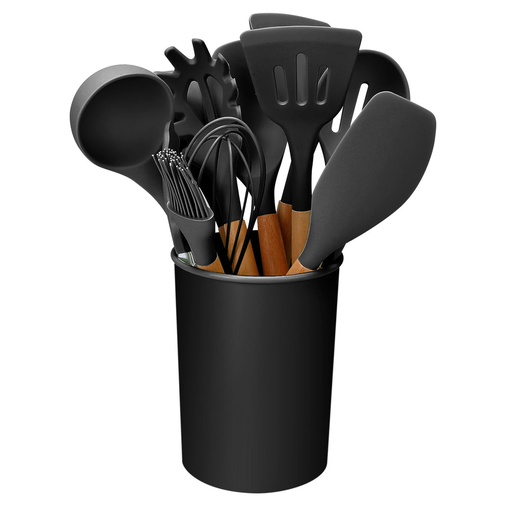 11-Piece Silicone Cooking Utensil Set with Wood Handles and Holder