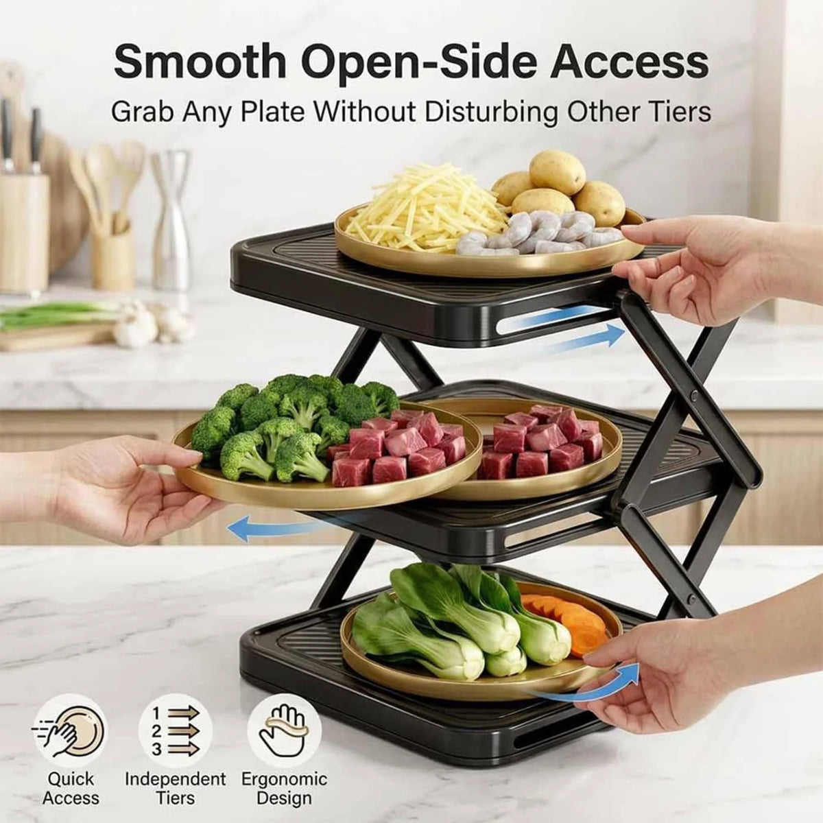 Plate Organizer Rack, 3-Tier Foldable Dish & Prep Tray Storage Stand – image 6