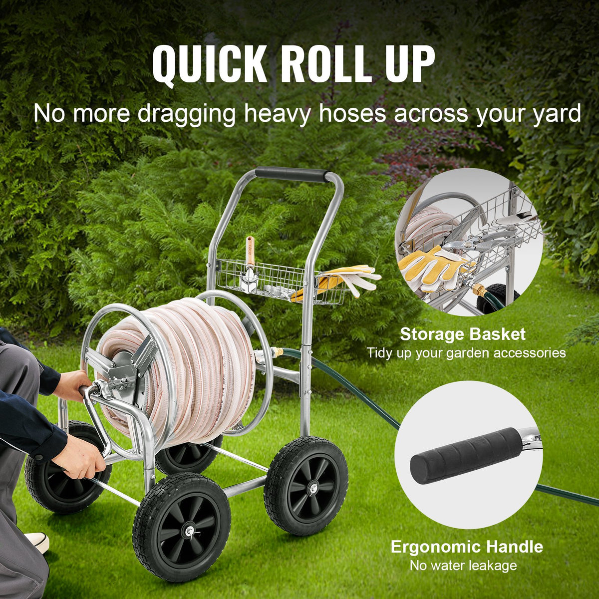Hose Reel Cart with Storage Basket Holds 300 Ft Garden Hose