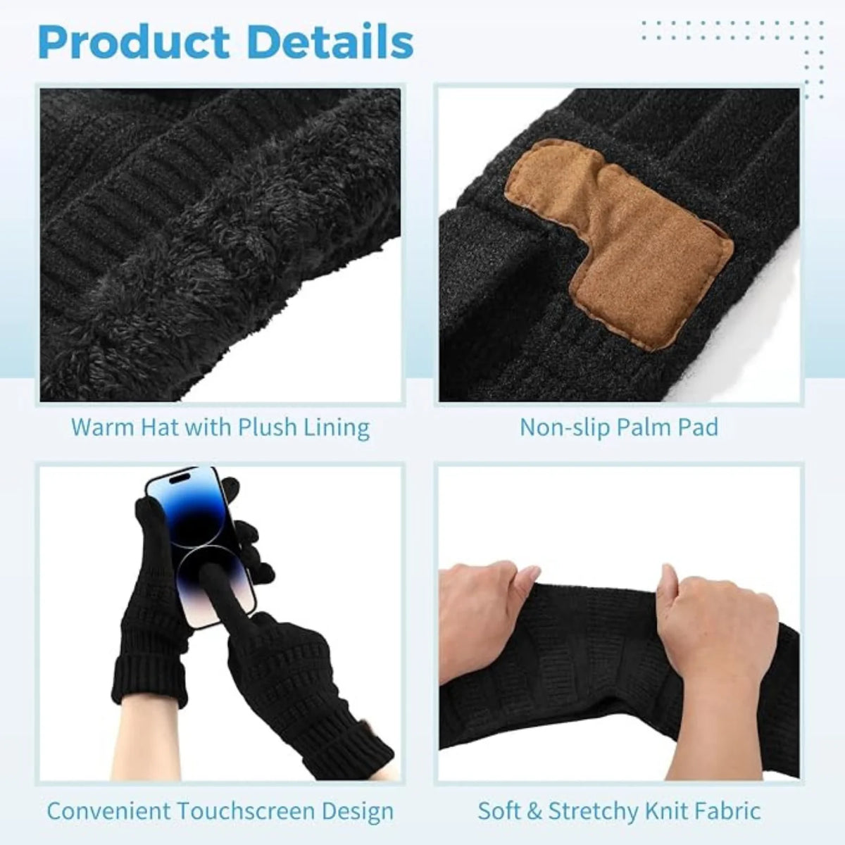 Winter Hat, Scarf & Gloves Set – Black Knit with Touchscreen Gloves – image 3