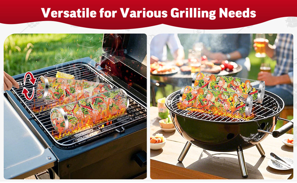 Rolling Grill Basket Set, Stainless Steel BBQ Accessories Gift Kit