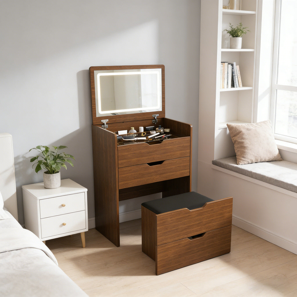 3-in-1 Lighted Mirror Vanity Desk with Storage Stool, Walnut – image 2