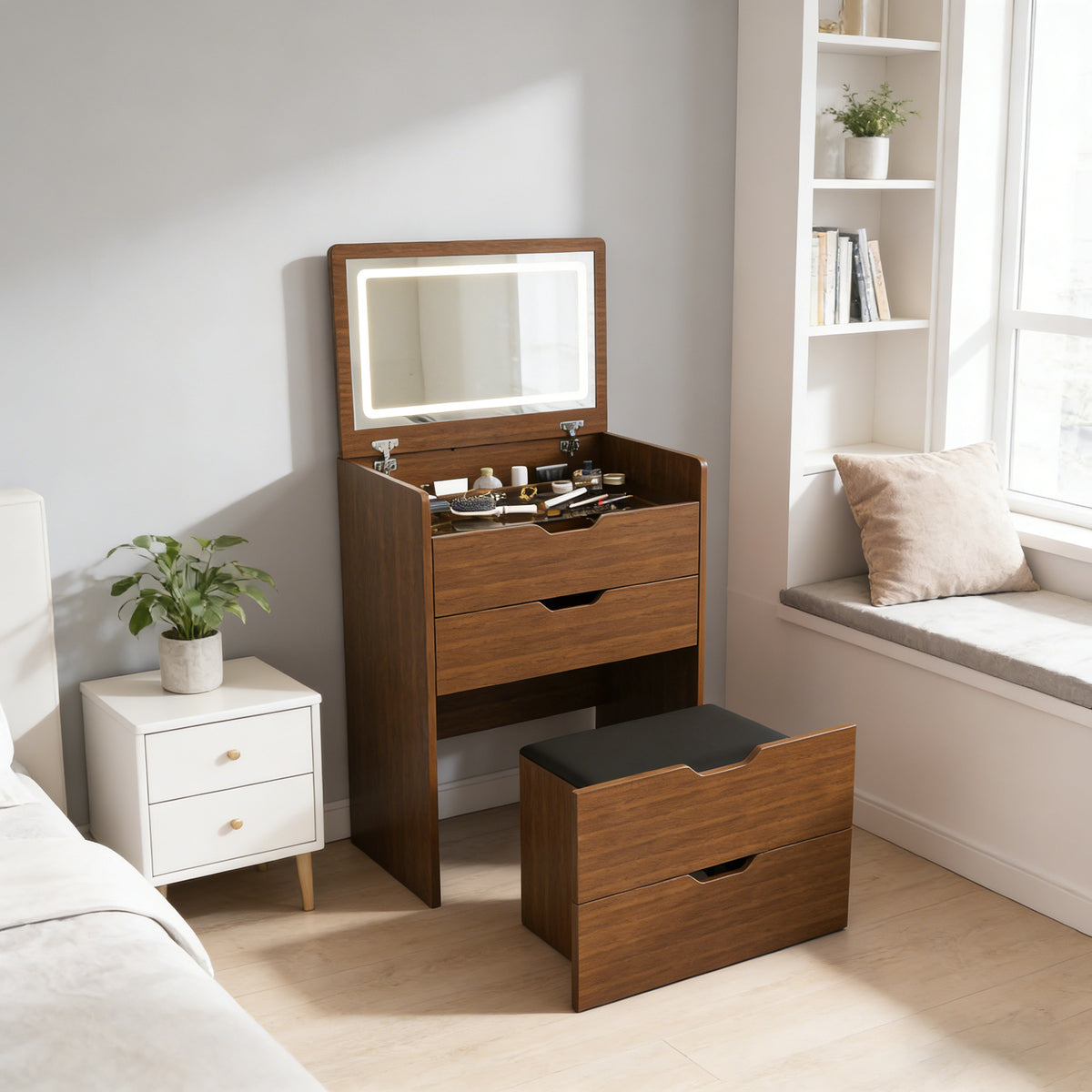 3-in-1 Lighted Mirror Vanity Desk with Storage Stool, Walnut – image 2