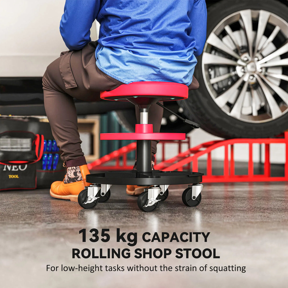 Rolling Garage Shop Stool 300 Lb with Tool Trays Adjustable Height