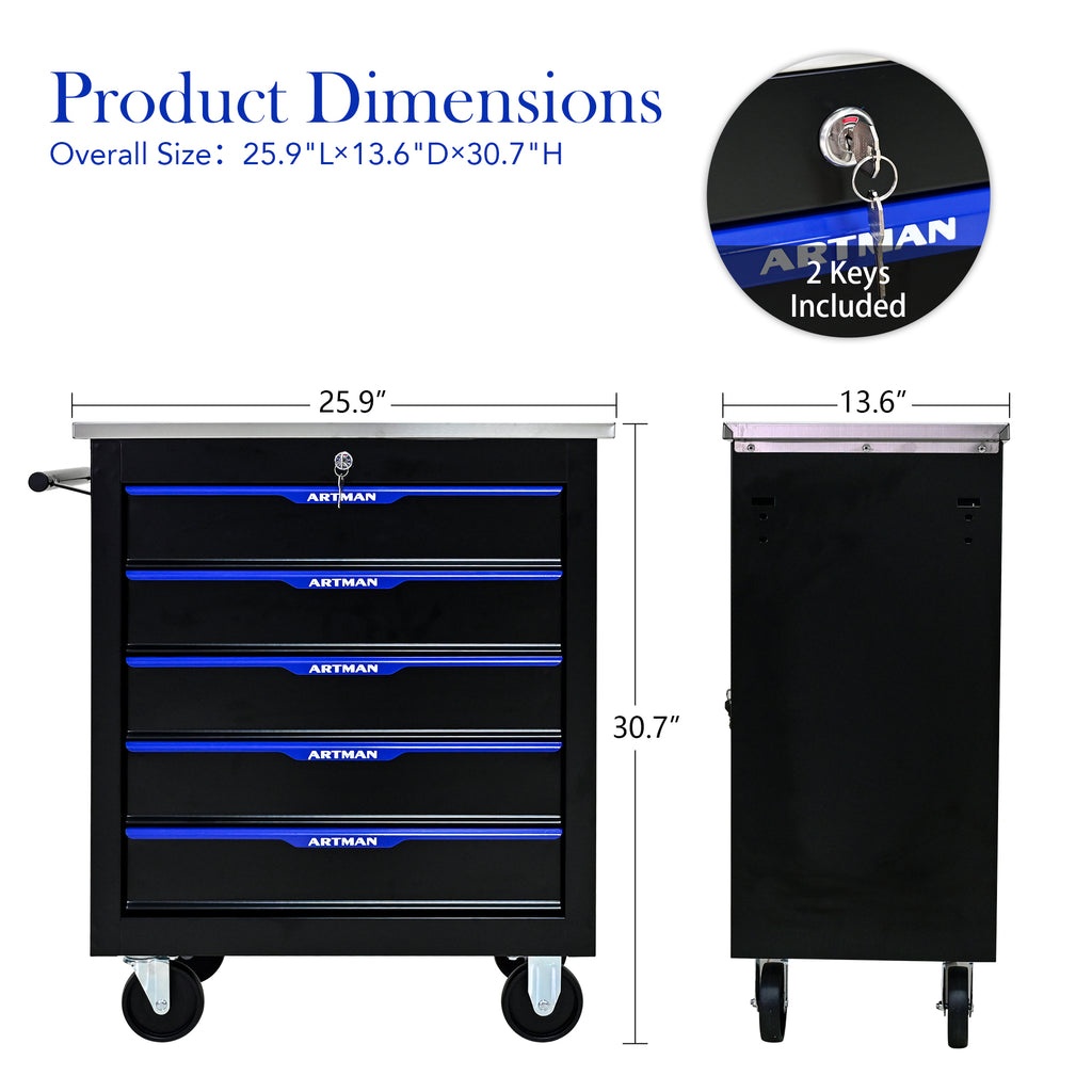 5 Drawer Lockable Tool Cart with Stainless Top and Brake Casters