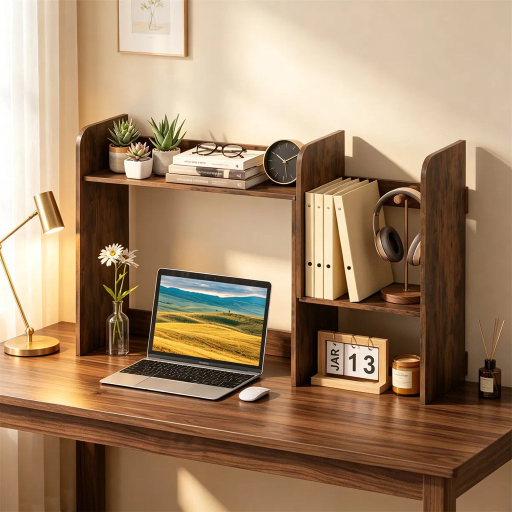 Expandable Desktop Hutch Shelf 26-38 Inch, Rustic Brown Desk Organizer – image 5